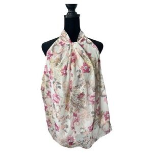 Loft Floral Pink gold and Cream chiffon, high neck women’s blouse size L